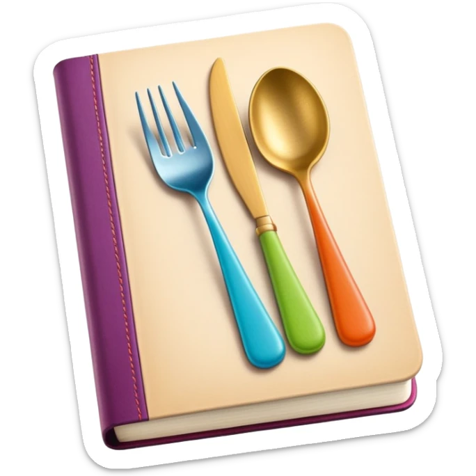 Colorful closed recipe book with a fork and spoon symbol on the cover, cookbook icon sticker