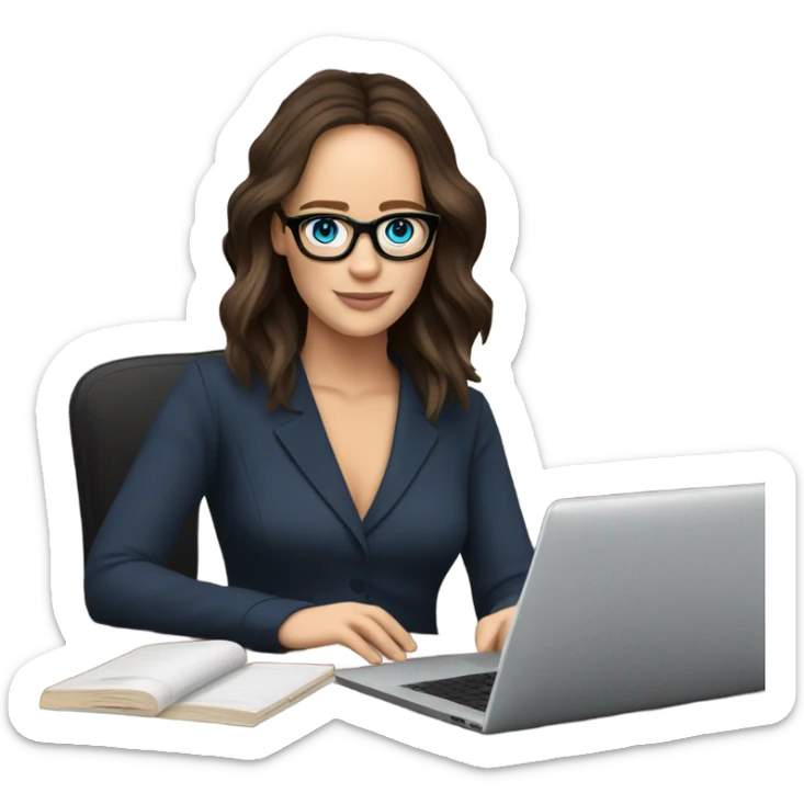 Realistic Photo of Brunette Jennifer Lawrence wearing black glasses and blue eyes  on a laptop  sticker
