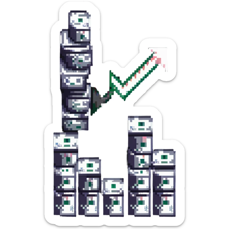 upward trending arrow beside three stacks of bundled dollar bills in ascending height sticker