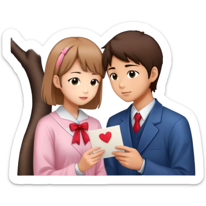 Japanese high school boy confessing love to a girl under cherry blossom tree with love letter sticker