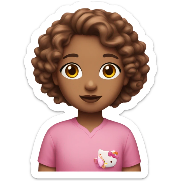 Girl with brown curly hair brown eyes and pink shirt with hello kitty on it sticker