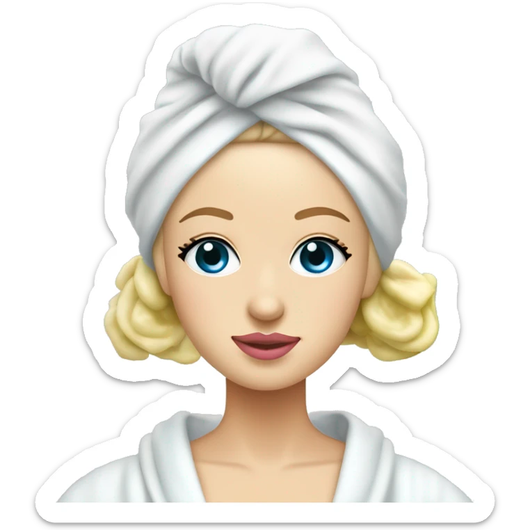 White girl with blonde hair and blue eyes and pink lips with a spa towel on her head and a robe on with cucumbers on her eyes sticker