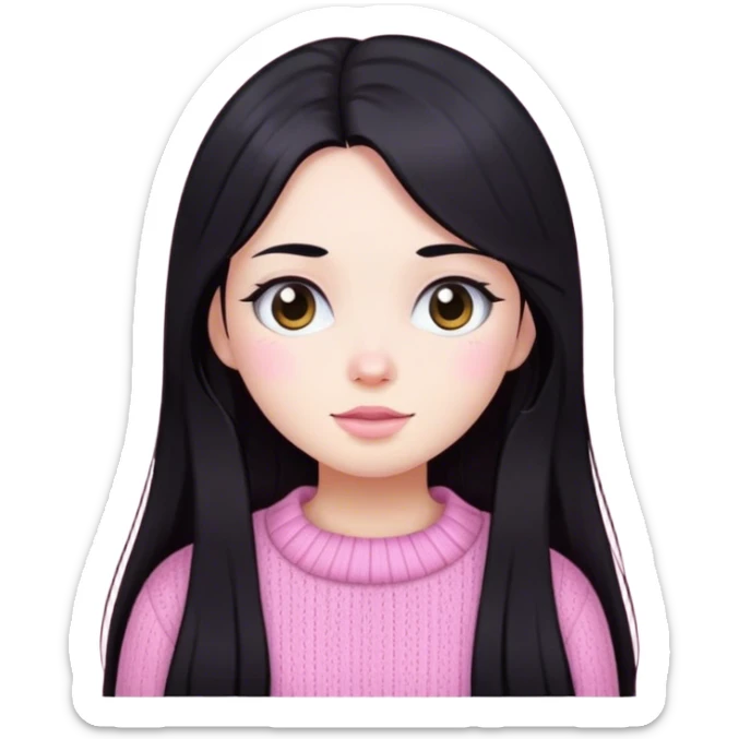 long black hair, white skin and adorable face girl who wearing pink knit wear sticker