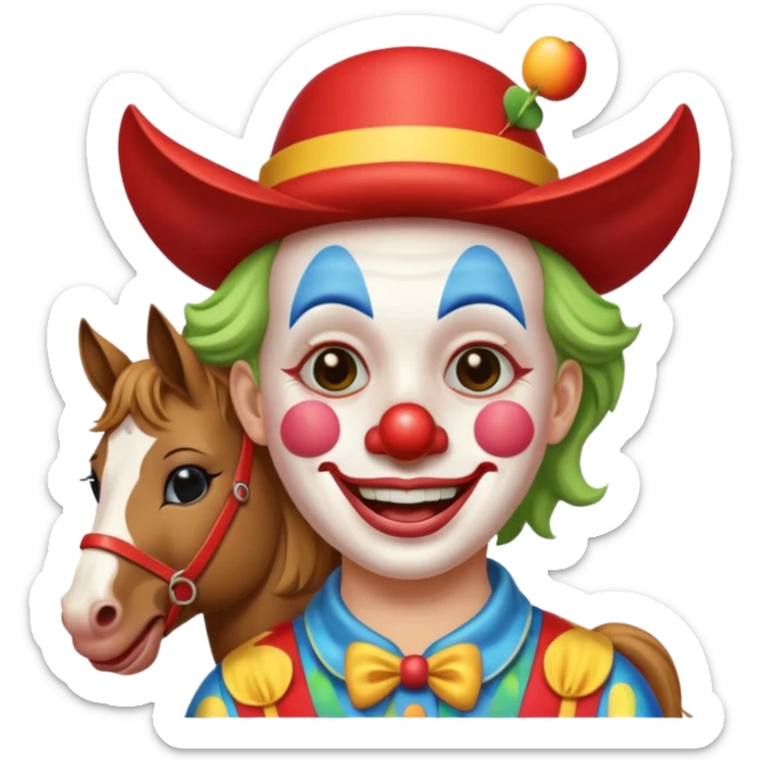 a crying but smiling and showing a peace sign clown face riding a horse, make it native to apple emoji style, the horse and the clown both emoji should match apple's style. sticker