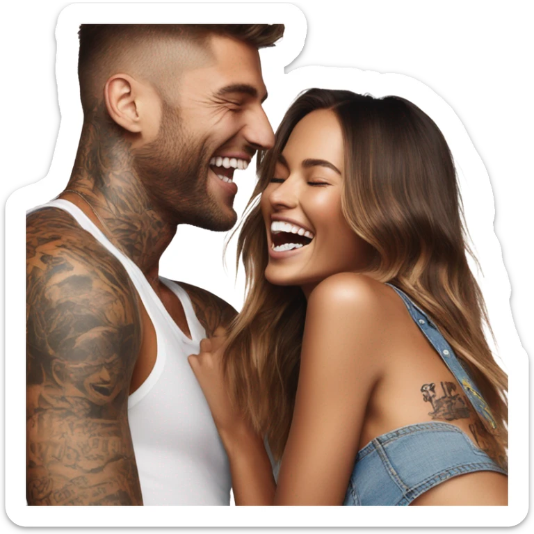 Photo of Victoria secret model laughing with a tattooed male model  sticker