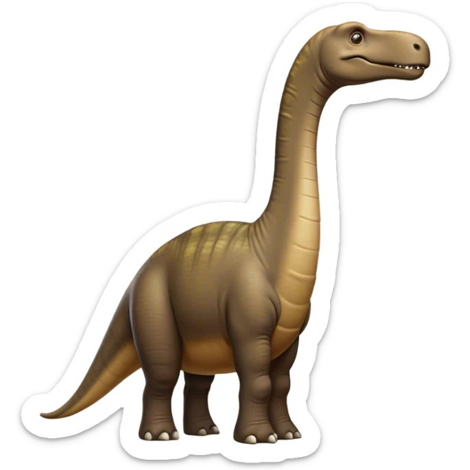 Cinematic Noble Brontosaurus Portrait Emoji, Poised and majestic, with a colossal, elongated neck stretching gracefully from a massive, sturdy body draped in warm, earthy tones, a gentle, wise face with soft, observant eyes, and a long, elegant tail, Simplified yet grandly defined features, highly detailed, glowing with a soft, ancient luminescence, high shine, intelligent and serene, stylized with an air of prehistoric grandeur, focused and calm, soft glowing outline, capturing the essence of a watchful and confident Brontosaurus that appears ready to loom out of the screen with effortless majesty! sticker