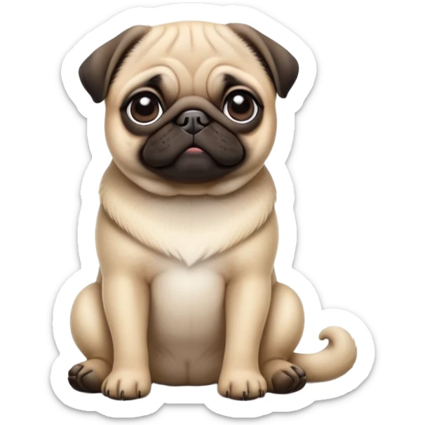 detailed-[cute pug]-realistic-full-body-sitting-emoji,-tail-resting-loosely-beside-its-paws,-head-tilted-dramatically, -sleek-fur,-simplified-yet-realistic-focused-features,-highly-detailed,-glowing-with-an-almost-sarcastic-glow sticker