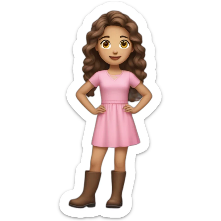 Alicia is a female, Brunette long hair, brown eyes, light skin color, wearing pink short sleeved dress, brown boots sticker