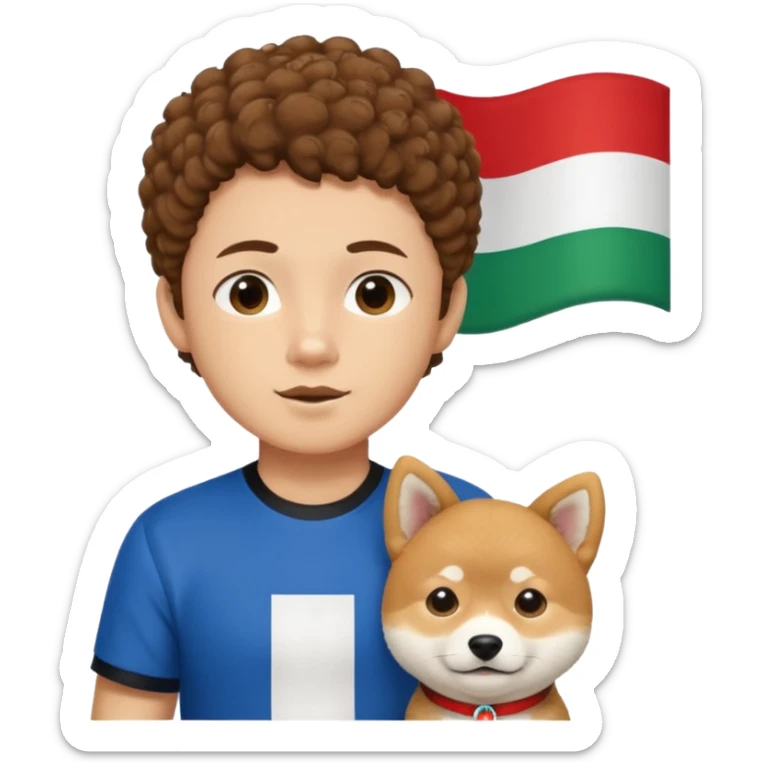 Italy flag shirt boy with chin hairs brown curly hair next to Shiba Inu sticker
