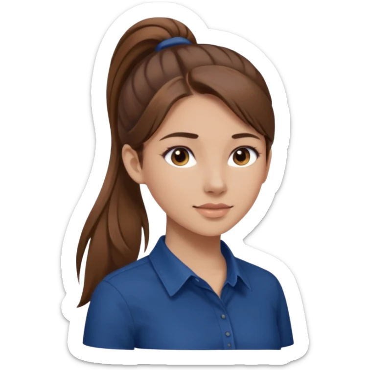 pretty girl brown long hair makeup ponytail  on left shoulder, dark blue shirt sticker
