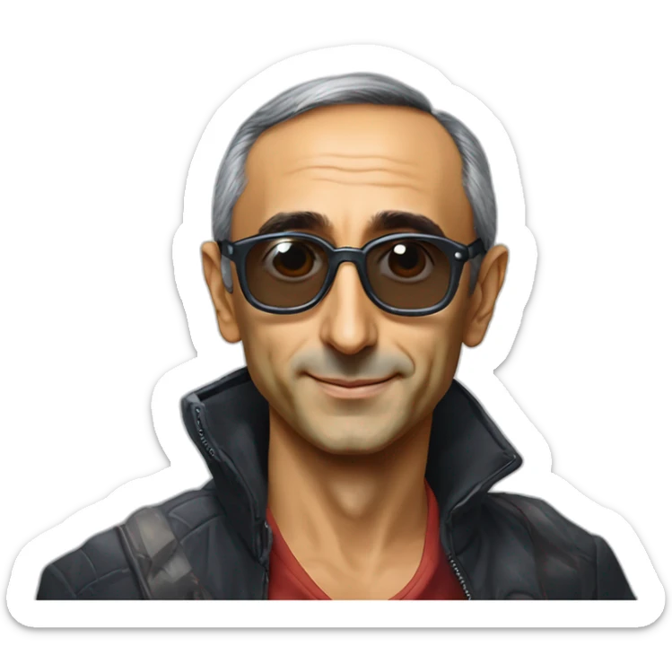 Eric Zemmour avec des lunettes de soleil sur une tortue géante et un Pikachu sticker