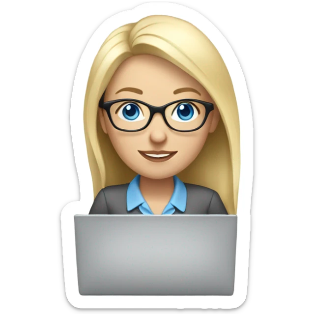 blonde pale white woman with blue eyes and glasses working on laptop sticker