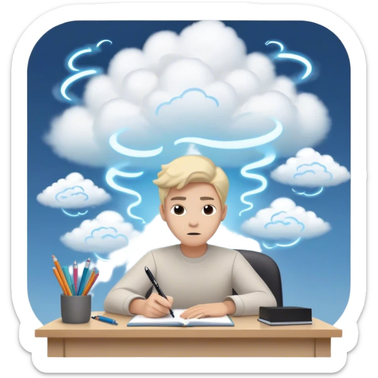 A person sits at a desk by swirling stress clouds. In front of them, a glowing version of their "future self" reaches out, handing them a pen. As they take the pen, the stress clouds begin to dissolve, symbolizing how action breaks procrastination  sticker