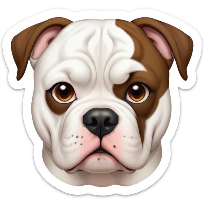 Cinematic Noble Black and White American Bulldog Portrait Emoji, Poised and regal, with a strong, muscular build and a striking black and white coat, deep-set soulful brown eyes, Simplified yet sharp and sophisticated features, highly detailed, glowing with a soft, dignified glow, high shine, intelligent and loyal, stylized with an air of strength, focused and attentive, soft glowing outline, capturing the essence of a watchful and confident guardian, so majestic it feels as though it could step out of the screen with effortless authority! sticker