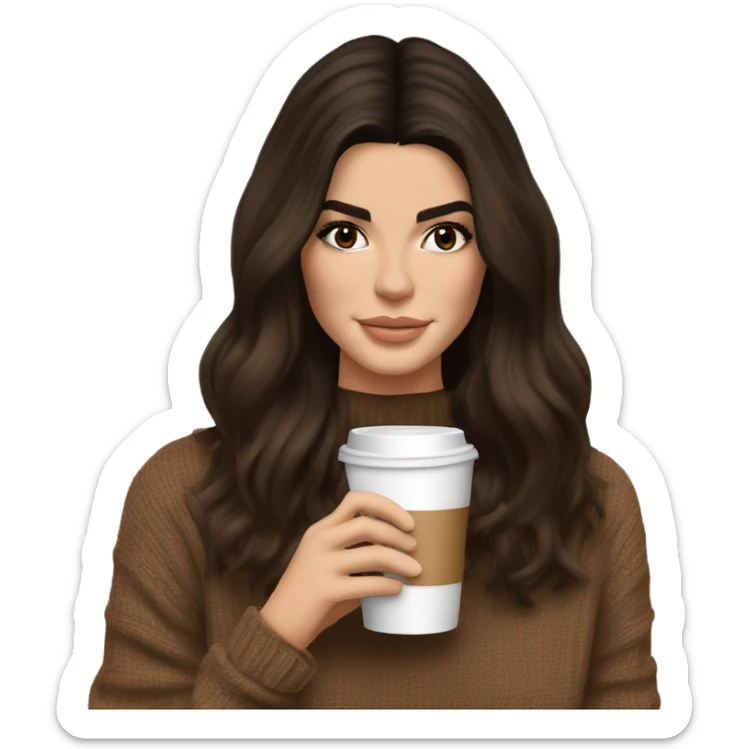 brunette Kendall Jenner with soft and long and brown hair her eyes brown and sipping coffee Her hair is wavy and shiny With brown sweater just one  sticker