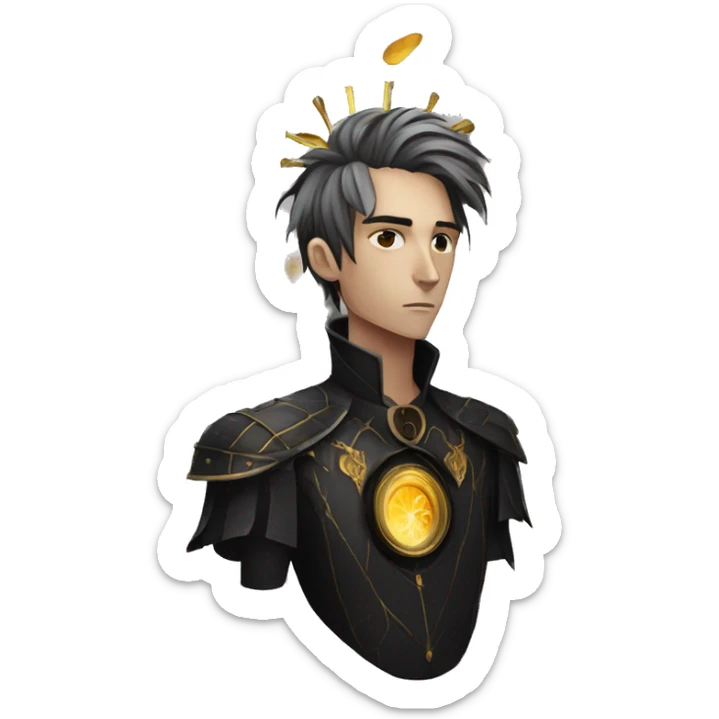 Hamlet young skinny sad man iridescent hair wearing raven feathers with a gilded clock and golden flames yin yang chess board sticker