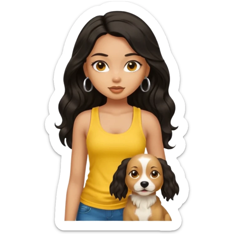 a tan pretty bratz girl with long wavy black hair, wearing a yellow tank top with a dog sticker