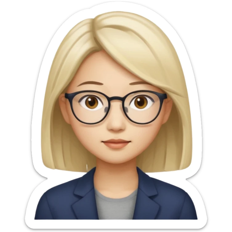 asian looking female with slight blonde hair a little longer  with eye glasses, fair complexion not that pointed nose but slighty little eye please make the hair longer shoulder length make the hair more longer sticker