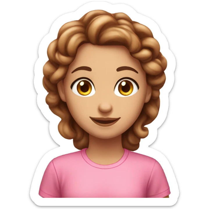 A girl with fair skin, a brunette with long curly hair and brown eyes. Eating sinabon in a pink T-shirt. sticker