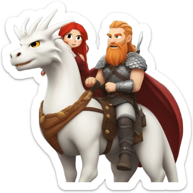  White Viking red head pale skin beautiful dragon  queen with a Viking solder with a gray man bun built white solder on a dragon  sticker