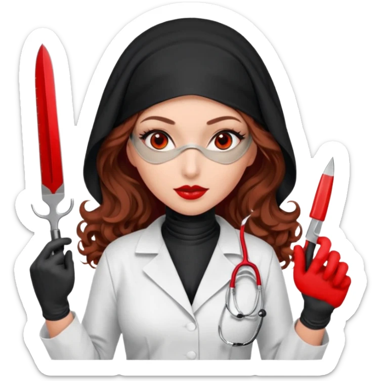 


Scary woman scalpel in hand, evil surgeon sexy surgeon clothes.  She has redcolored  eyes. Her  hair only is free ne brown long curly hair. Wears sexy doctor outfit with red gloves. make her wear full Muslim burka to mask and nose mouth mask  to hide. Wears white surgeon coat, wears  stilettos sticker