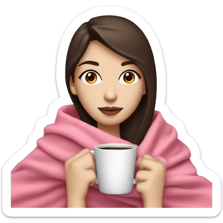 Woman with pale skin, blue eyes, and dark brown hair drinking coffee while wrapped in a pink blanket sticker
