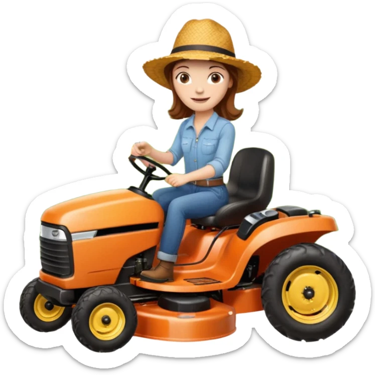 White woman with brown hair, without glasses wearing a straw hat, on old orange ride on lawn mower, holding a beer with one hand and holding the steering wheel with the other hand. Woman is smiling. Lawn mower has “Westwood” written on the engine cover sticker