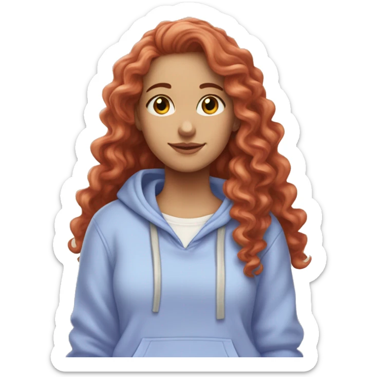white girl with long red curly hair, wearing a pastel periwinkle hoodie doing a pose sticker