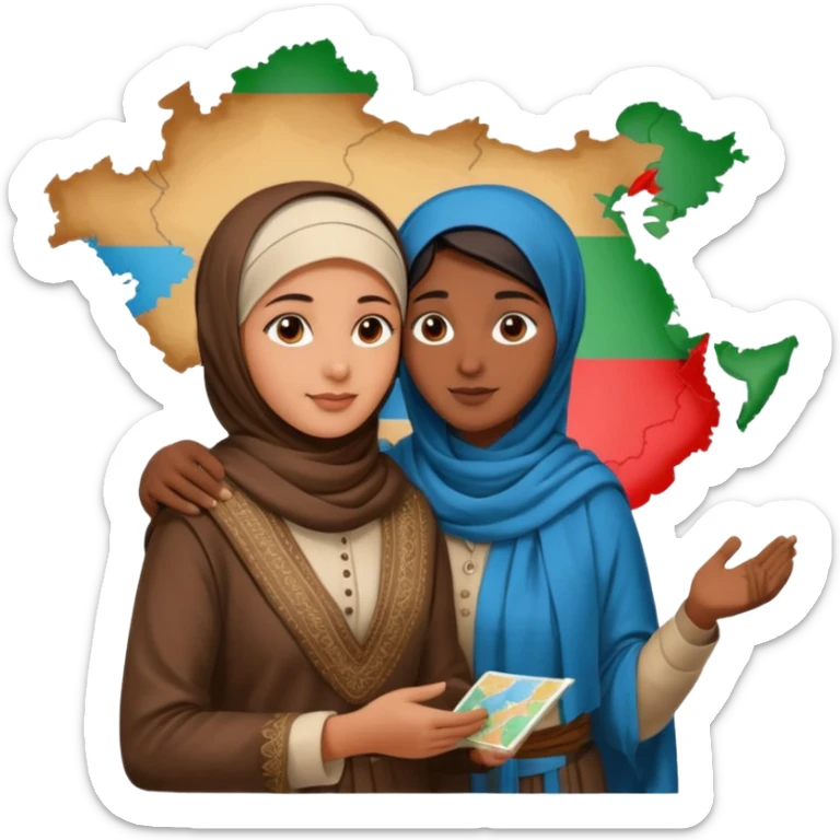 An emotional artistic illustration of an Indian man and an Afghan hijabi girl standing on the maps of India and Afghanistan, symbolically embracing despite the distance, showing love beyond borders. sticker