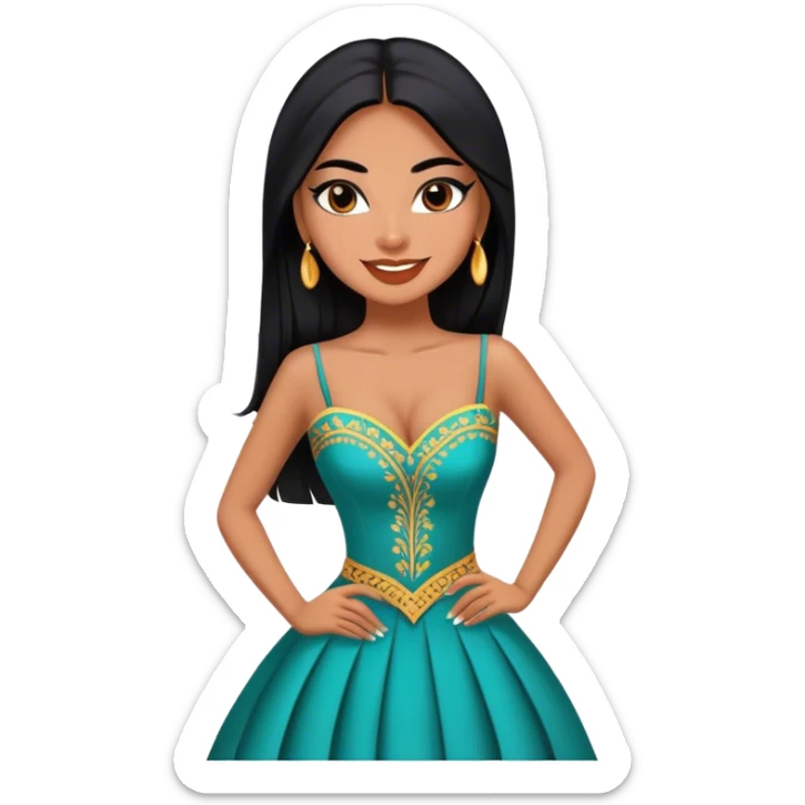 beautiful fit woman, with long straight black hair, with make up, black eye liner, smile mooth close, mexican, brown skin, wearing beautiful couture outfit, flirting sticker