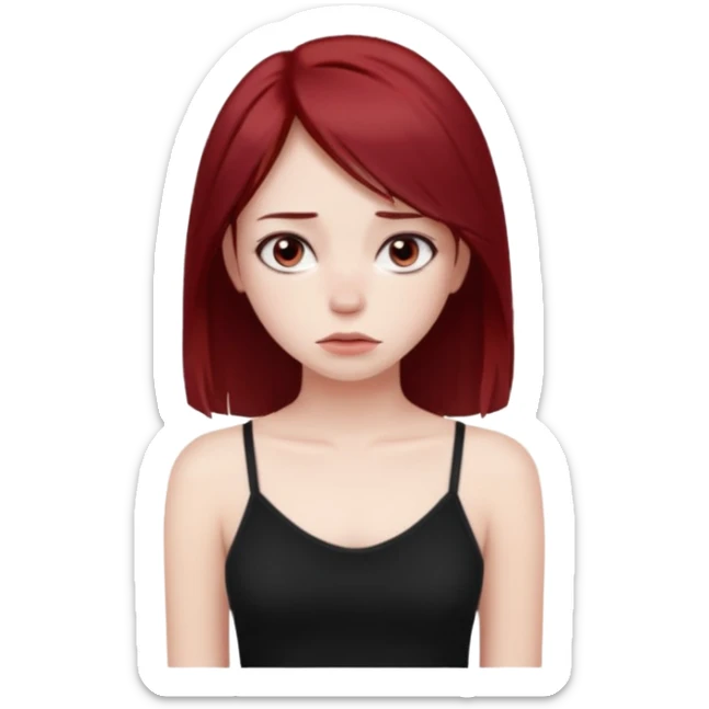a pretty bratz fair girl with dark red straight hair, black cami top, looking sad sticker