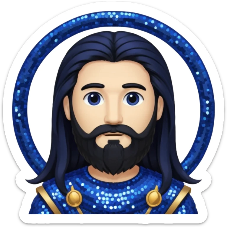 Saturn, God of Time from Gods and Goddesses with long black hair and beard, indigo sequin outfit sticker