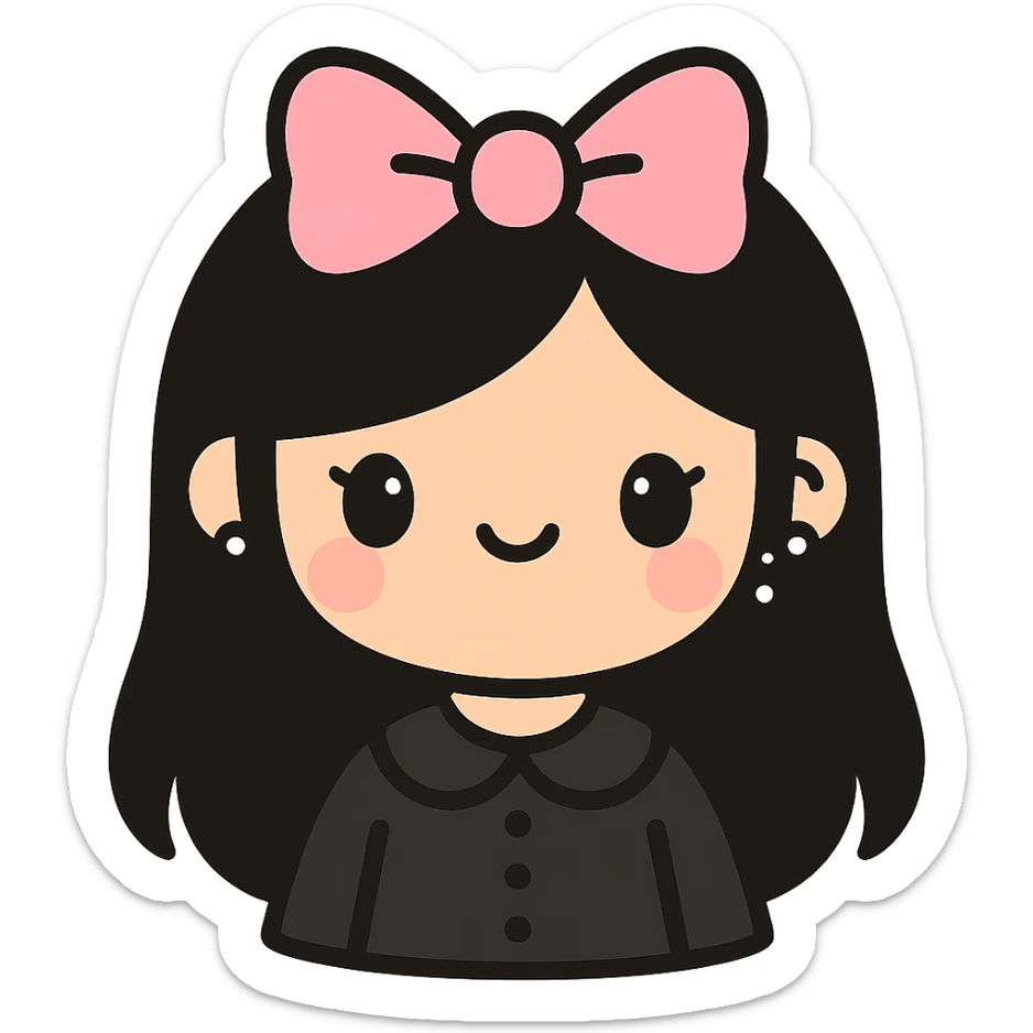 kawaii gothic girl with pink bow and silver studs, gothic style, adorable expression, edgy and elegant sticker