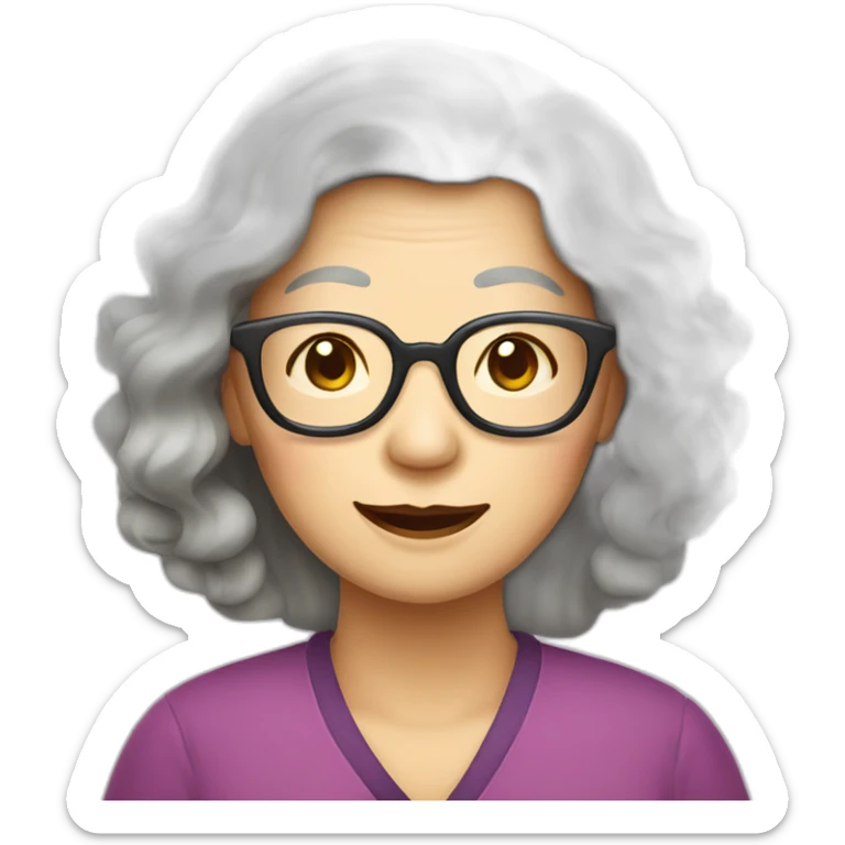 Chinese senior  lady has wavy long  wavy hair wear glasses show appreciation signs sticker