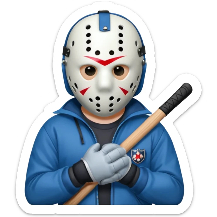 a cartoon image of Jason Voorhees, looking cute, with his hands together in front of him sticker