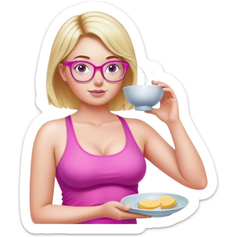 Curvy fair skinned woman, freckled skin, short blond hair, small light purple reading glasses, washing dishes, short flowing sheer hot pink tank top, without undergarments SFW, black yoga pants, thick booty sticker