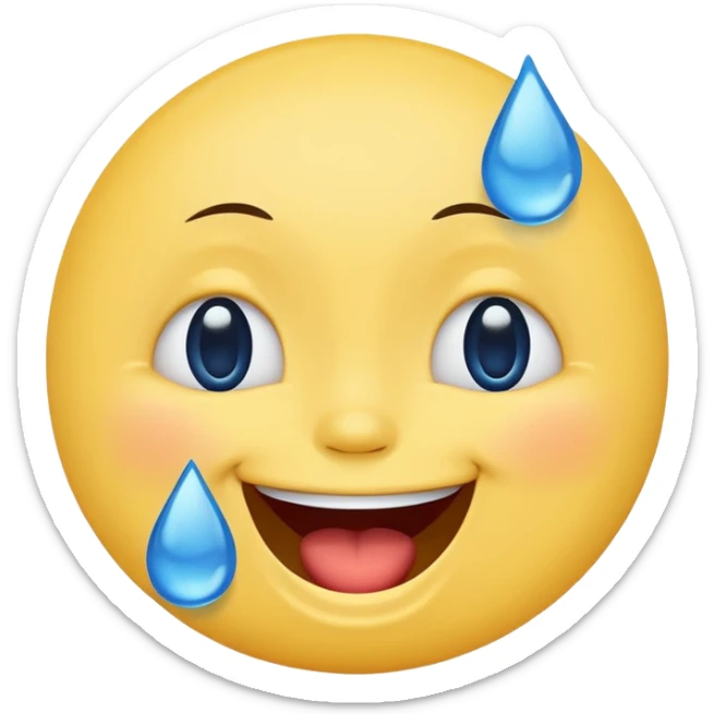Emoji, yellow round laughing face, blue tears of joy on it. 2 big blue tears on each of the 2 cheeks sticker