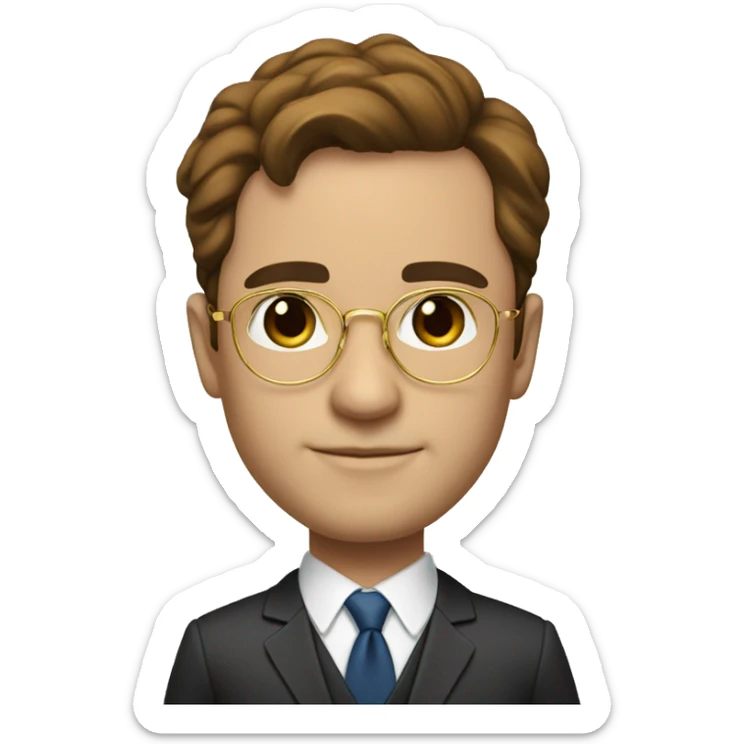 body height lawyer in suit with brown hair and brown eyes and round gold glasses sticker