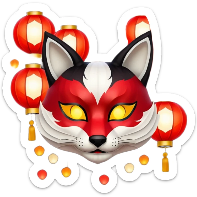 kitsune mask, worn by a festival performer at night, paper lanterns in background, colorful bokeh lights sticker