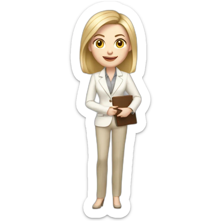 Full height pale skin woman with blonde Straightened bob Hair, White classical jacket, beige Arrow pants and gray blouse holding a color palette in the hands sticker