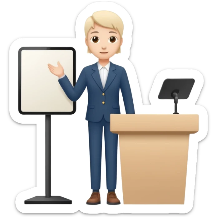 Minimal startup-style emoji icon of a person presenting behind a podium, flat vector illustration, friendly proportions, simple lines, modern SaaS pitch deck style, white background sticker