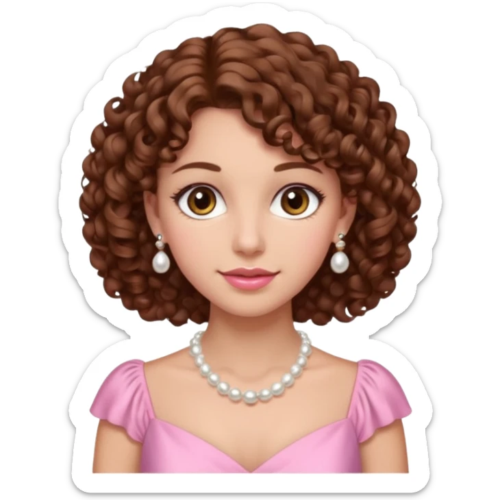 A woman with a brown curly hair and beautiful brown eyes and white skin and pink dress with pearl jewelry sticker