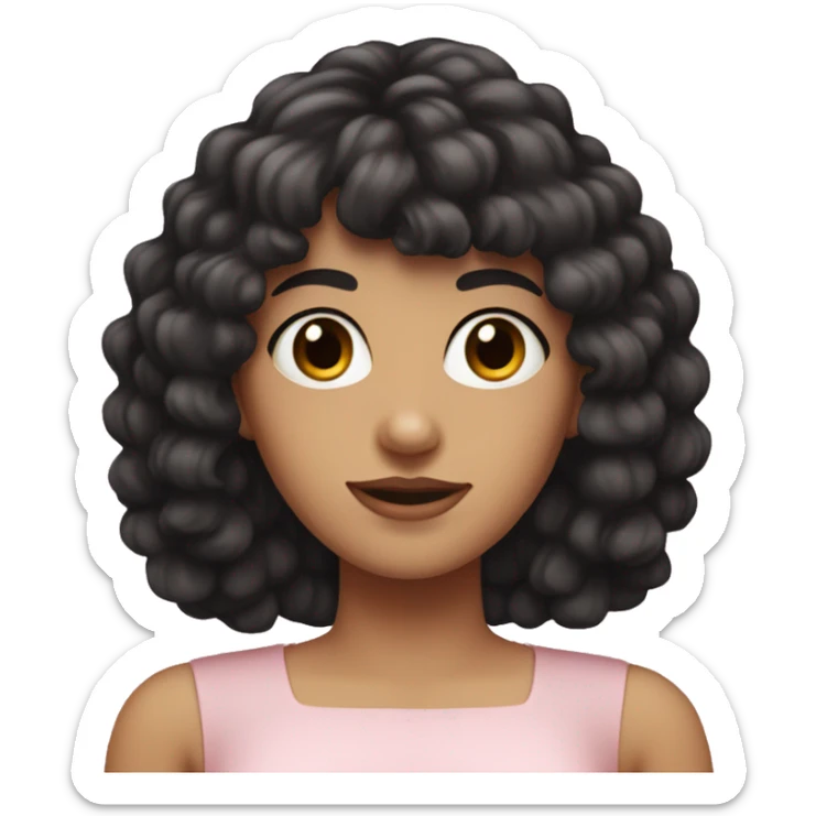 White woman with long black curly hair and bangs and dark brown eyes, wearing a pastel pink dress sticker