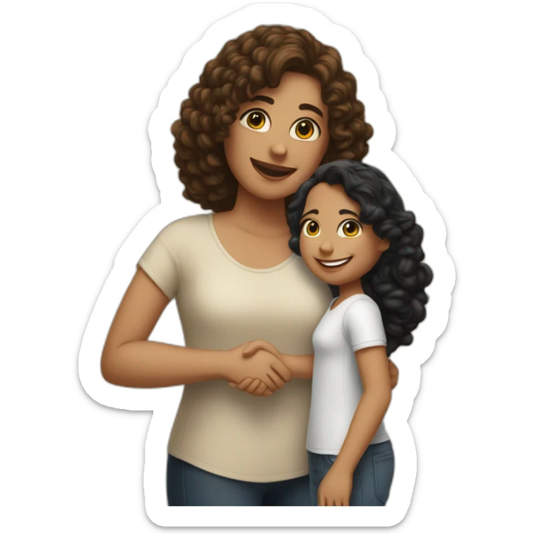 mid-sized pale woman with straight brown hair shakes hands with a tan mid-sized woman with black curly hair sticker
