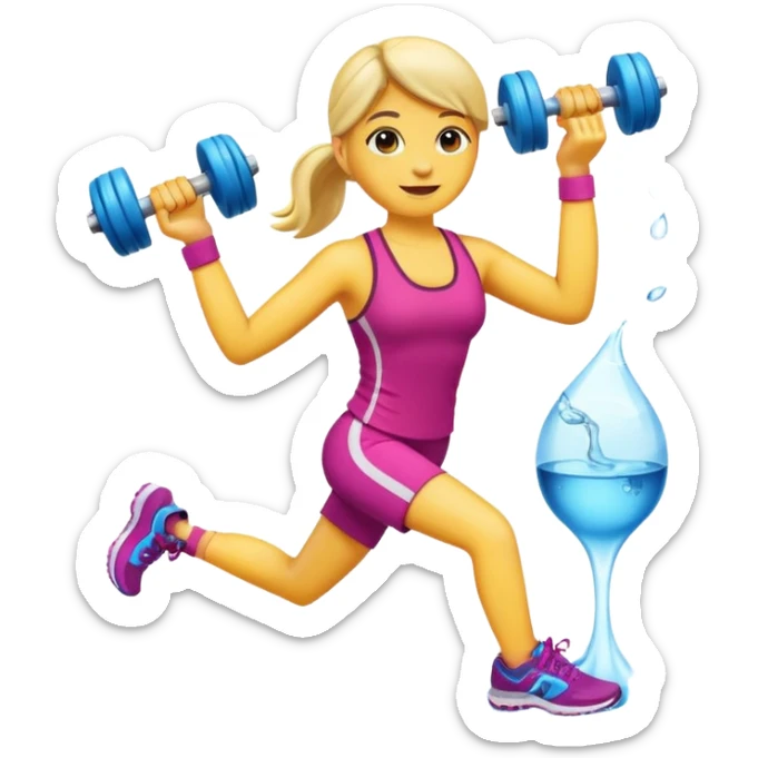fitness emoji with dumbbells, running shoes, and water bottle, modern vibrant look, iOS 18 style sticker
