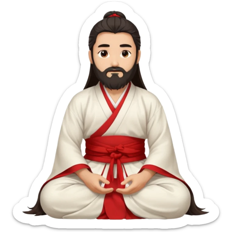 Beautiful man with lightly tan skin and dark long beard, long hair, in white and red Hanfu sitting on the ground sticker