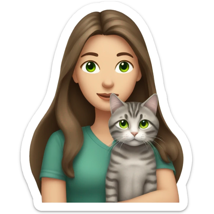 A woman with long brown hair and green eyes holds a gray tabby cat with green eyes in her arms sticker