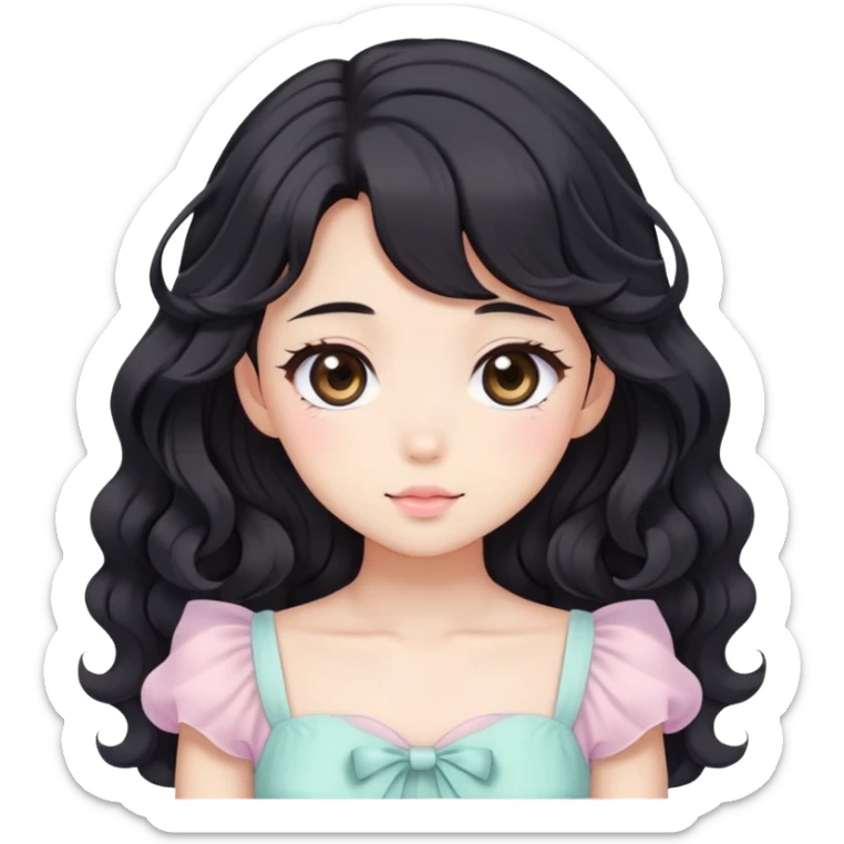 Cute kawaii anime lady with beautiful black wavy hair wearing a gorgeous soft feminine pastel dress sticker