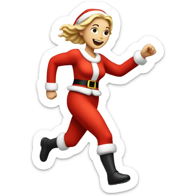 A white woman running, with a large stride and arms outstretched, in a santa costume sticker