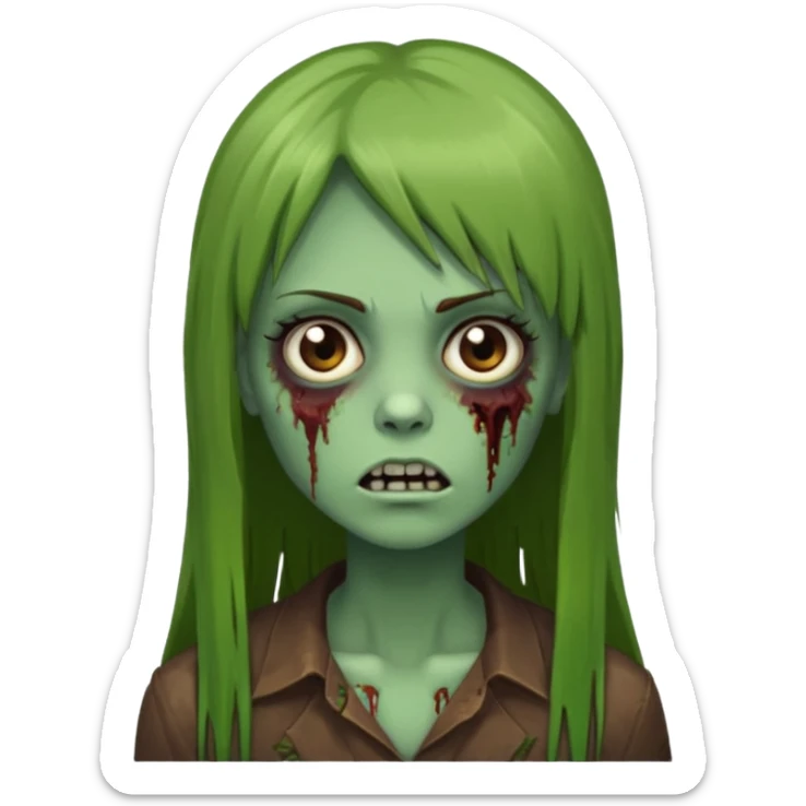 Zumbi feminino, de pele verde, cabelo marrom, longo, liso e castanho com franja reta sticker